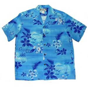 Two Palms Mens Hawaiian Shirt Blue Tropical Floral Palm Trees Mountains size XL‎